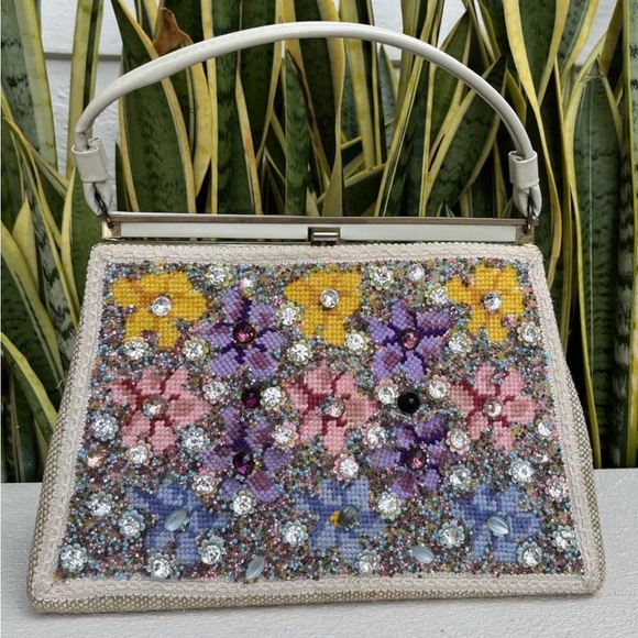Vintage Handbags - Floral Needlework Embroidery Jeweled Carpet Bag Pink Purple Purse Vintage 60s